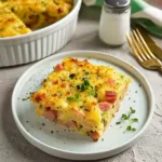 A slice of Ham & Cheese Egg Bake with golden edges, featuring chunks of ham and melted cheese, served on a plate.