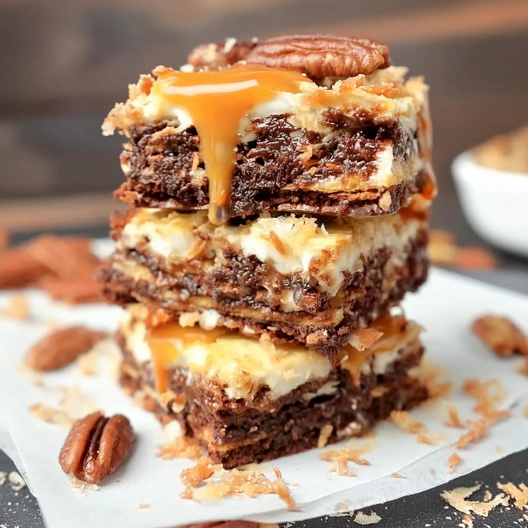 A slice of Caramel Pecan Cheesecake Brownie with layers of rich brownie, creamy cheesecake, and topped with caramel and pecans.
