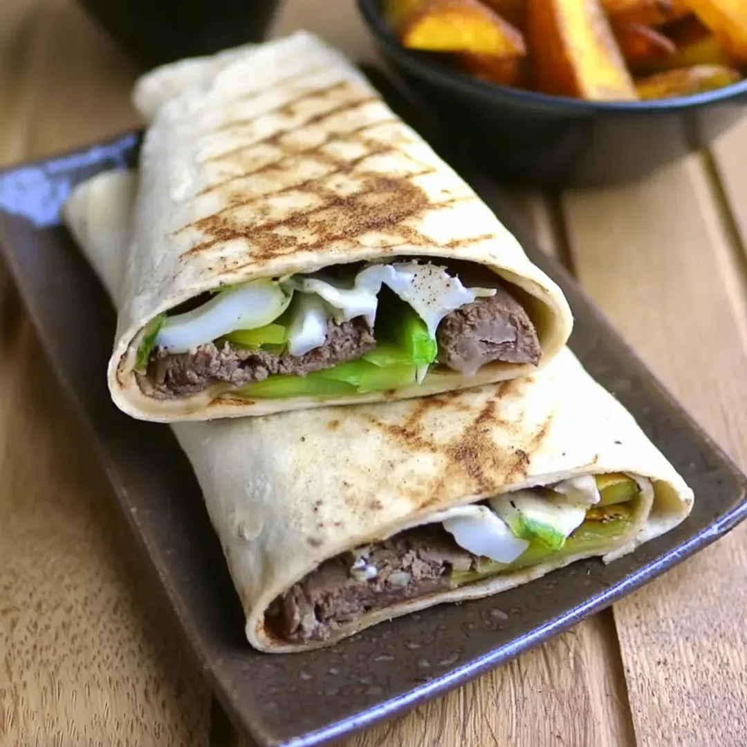 Delicious Philly Cheese Steak Crunch Wrap with Sautéed Peppers and Onions