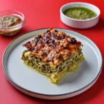 Baked Wild Garlic Pesto Lasagne in a dish, topped with golden, bubbly cheese and fresh herbs.